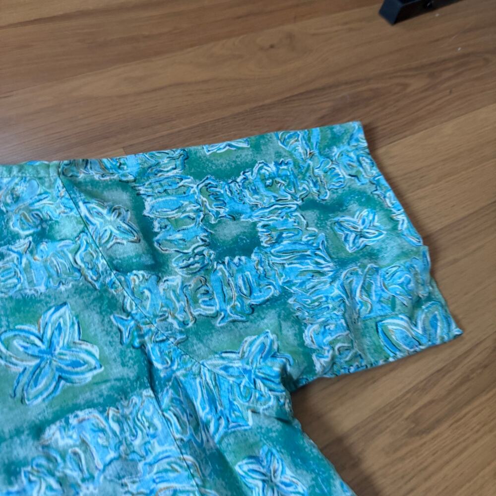Vintage 90's Go Barefoot Trader Joes Uniform Blue Hawaiian Floral Polo Shirt L - Picture 3 of 9